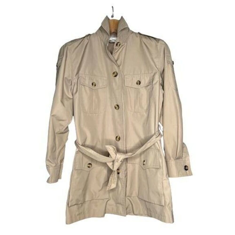 Fleet Street Womens Safari Raincoat Size 8 Beige Belted Flap Pockets Unlined